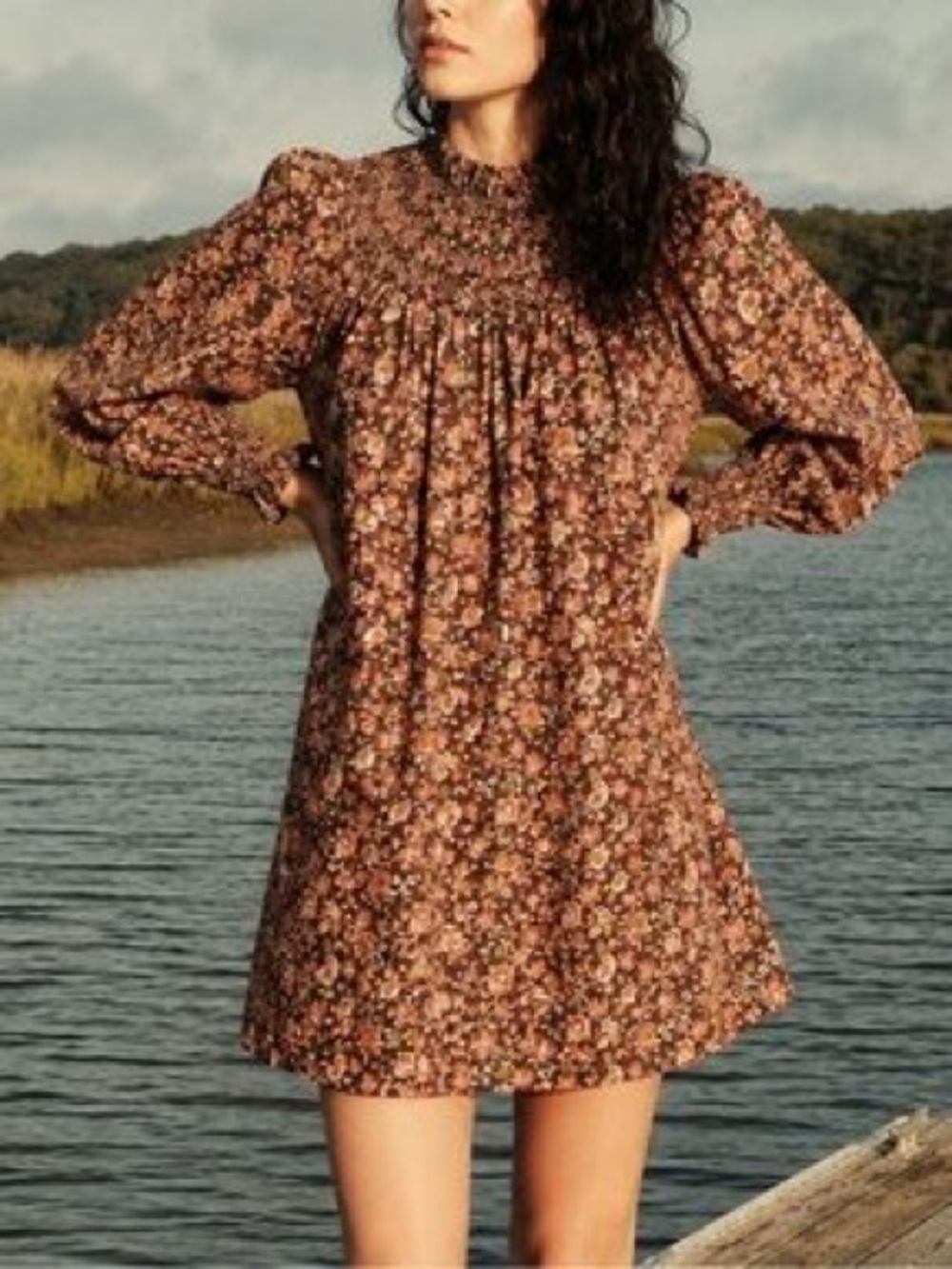 NWT DOEN Idalie Brown Floral Smocked Mini Dress